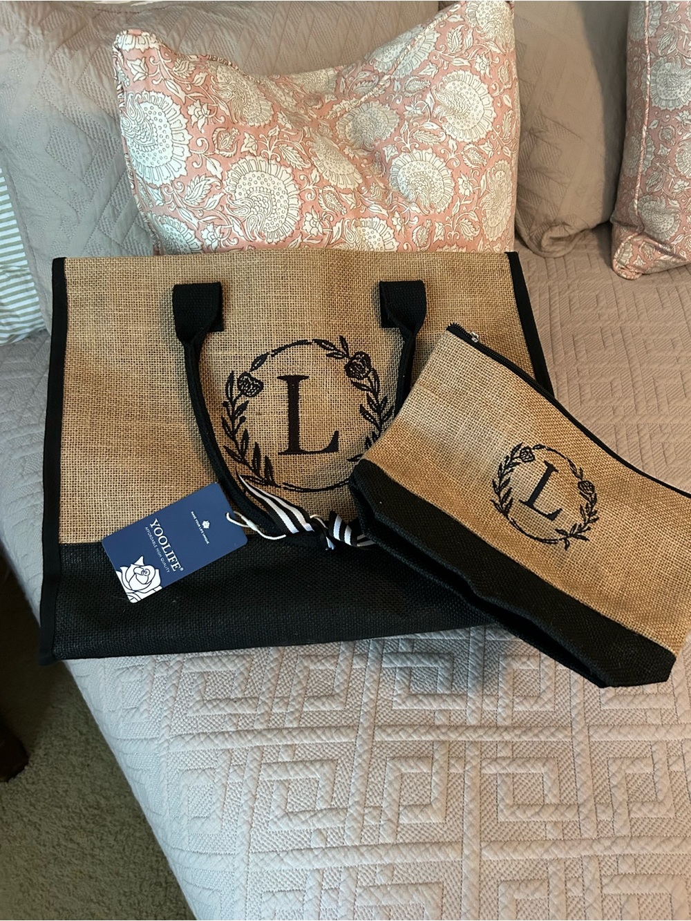 Monogram 'L' Jute Tote and Pouch Set in Natural and Black